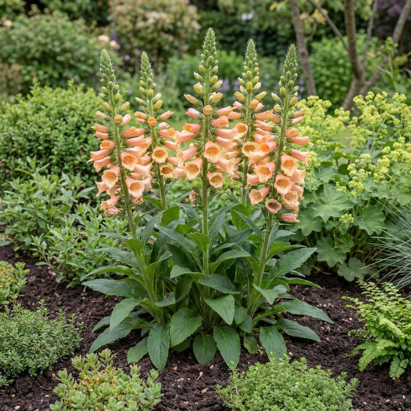 Apricot Digiplexis in a 4-inch pot, upright spikes of peachy orange bells with pale creamy throats