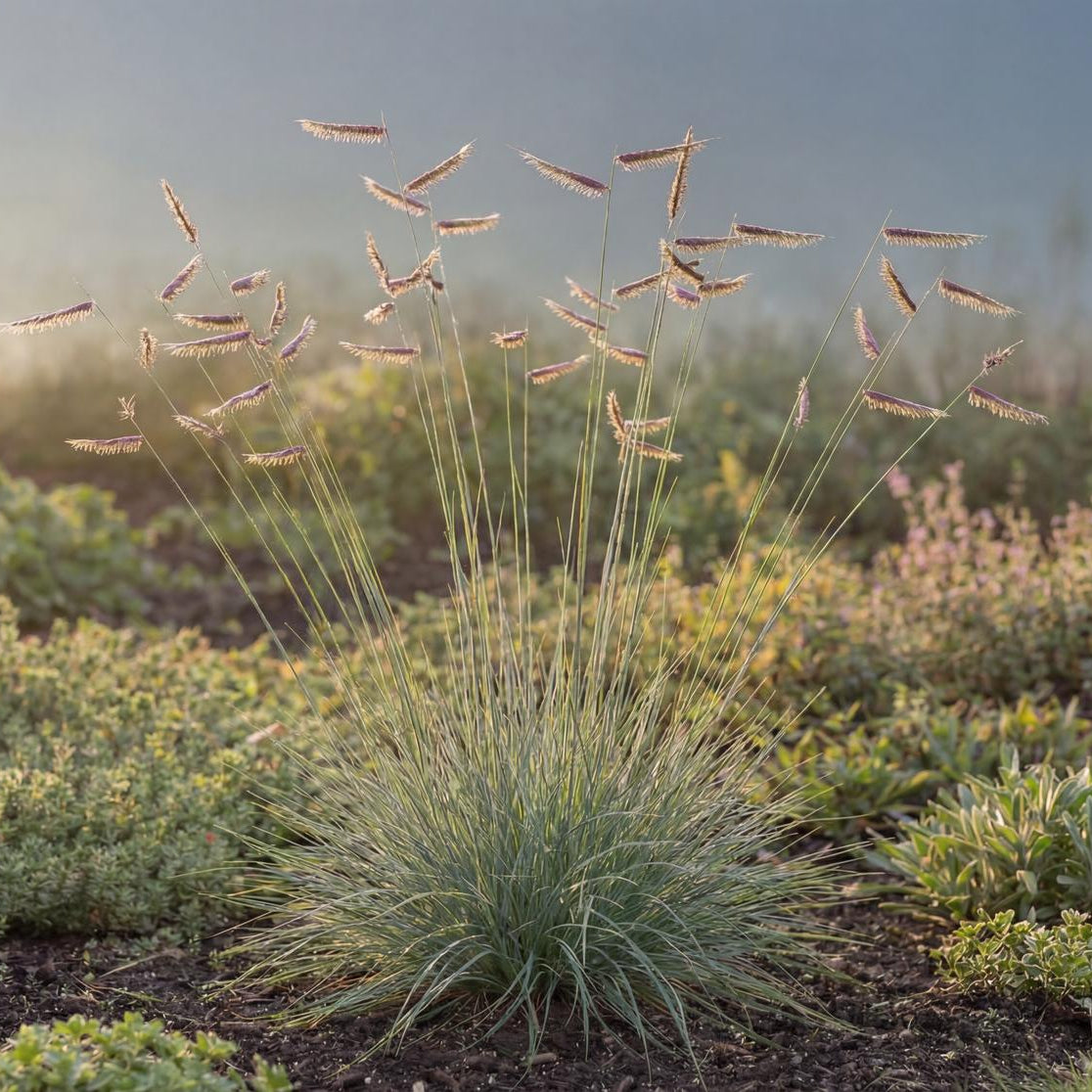 Blue Grama Grass is known for horizontal comb-like seed spikes carried on green to purple-black stems