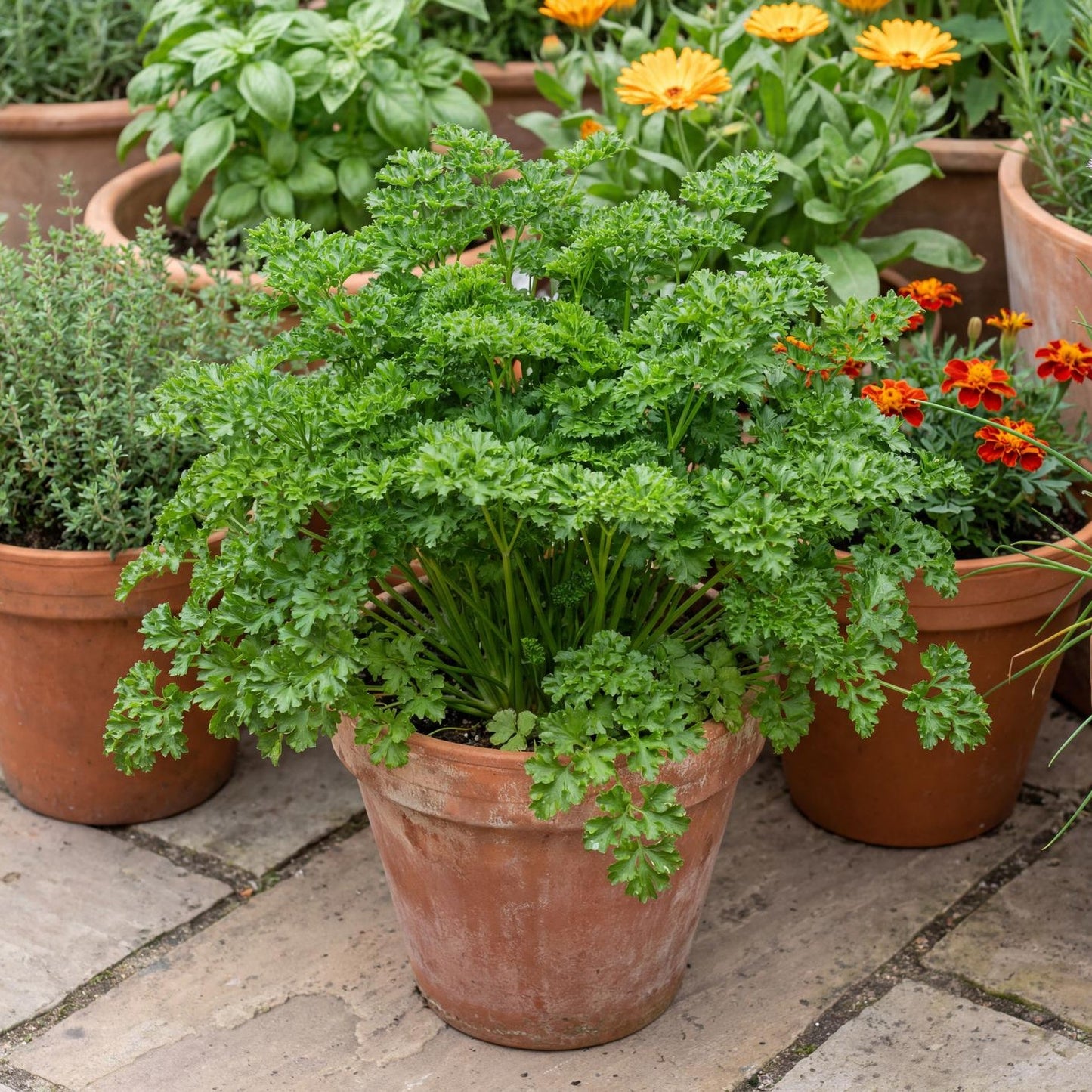 Grune Perle Curled Parsley in a 4-inch pot, organic with tightly curled dark green leaves in a compact dome