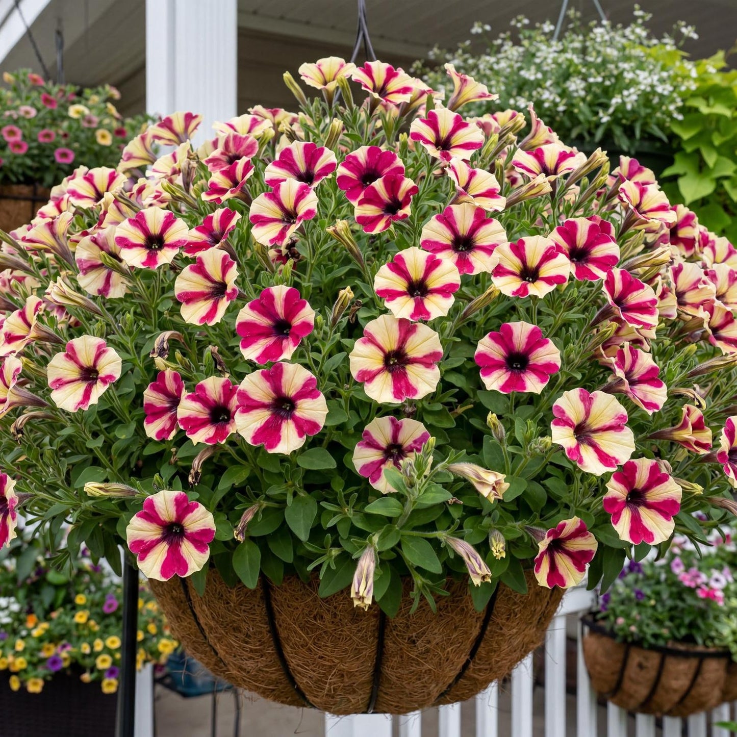 Fingerpaint BigDeal Petunia in a 4-inch pot, magenta blooms splashed with bold chartreuse markings