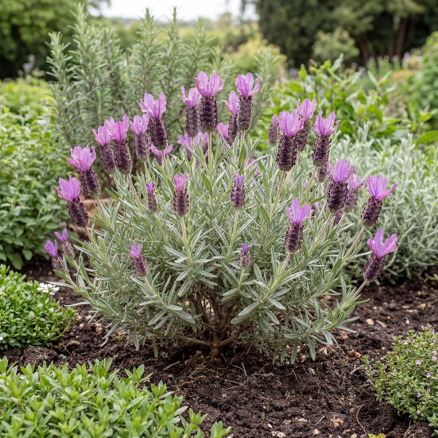 Voltage Violet French Lavender in a 4-inch pot, a compact silver-green mound known for purple blooms