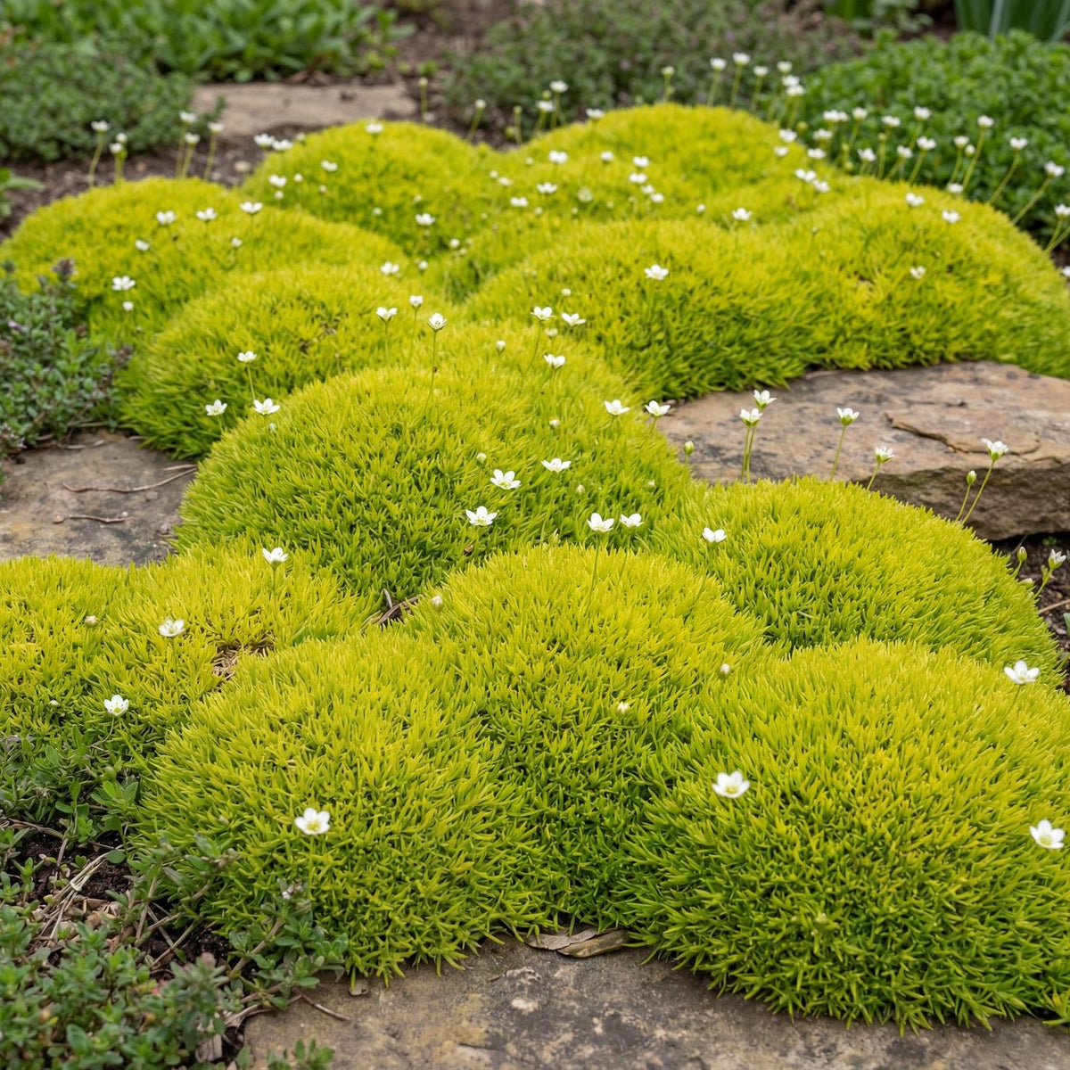 Aurea Scotch Moss in a 4-inch pot, a dense cushion of fine chartreuse foliage dotted with white flowers