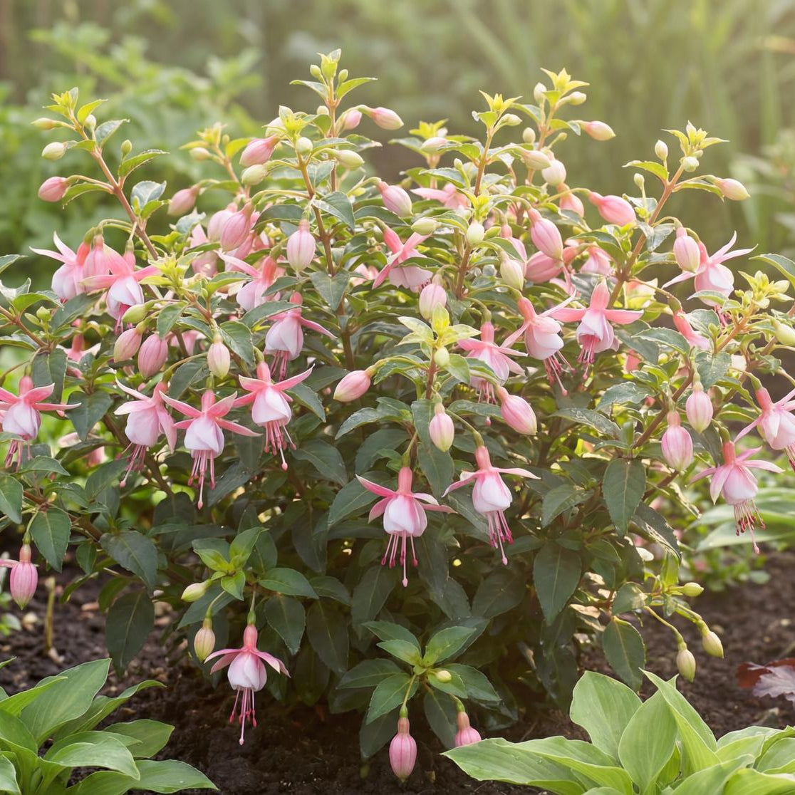 Southgate Fuchsia carries pink and white blooms on green to purple-black stems above mounding green foliage