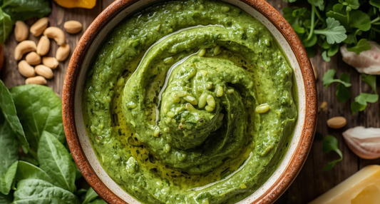 Freshly blended microgreen and spinach pesto with gourmet cheeses and pine nuts.