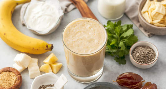 A creamy yellow Banana Bonanza Smoothie in a glass, topped with chia seeds and served next to a fresh harvest from a Seasonal Garden Kit.