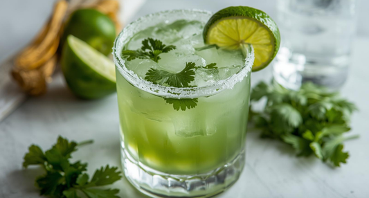 A chilled Cilantro Margarita in a salt-rimmed glass, garnished with fresh cilantro sprigs and lime wedges harvested from a Mixology Garden Kit.