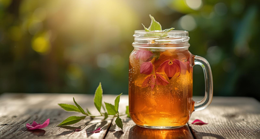 A large glass jar of Fresh Flowerful Sun Tea steeping in the sunlight, filled with mint leaves and colorful calendula, chamomile, and lavender blooms.