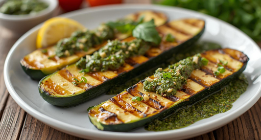 Platter of charred garden zucchini halves drizzled with vibrant green herb pesto, illustrating a Grilled Summer Squash with Pesto recipe.