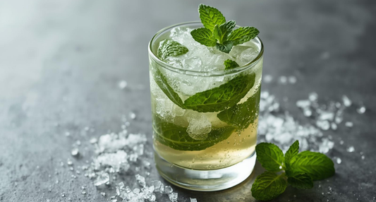 A bowl of emerald-green Fresh Mint Infused Sugar next to a bunch of vibrant mint leaves harvested from a Seasonal Garden Kit.