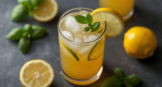 A pitcher of Fresh Nectarine Basil Lemonade with sliced fruit and vibrant green basil leaves, inspired by a Seasonal Garden Kit harvest.