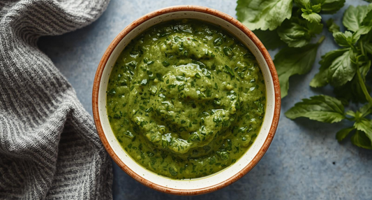 A vibrant green bowl of Fresh Garden Herb Pesto surrounded by fresh basil leaves, garlic cloves, and toasted pine nuts from a Seasonal Garden Kit.