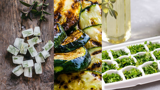 pictures of herbs in ice cubes and grilled zucchini