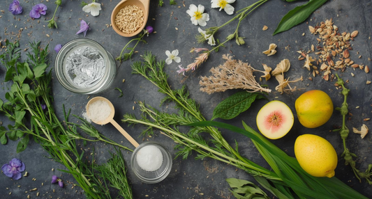A clear glass bottle of Fresh Simple Garden Syrup surrounded by fresh mint leaves and organic sugar, highlighting a harvest from a Seasonal Garden Kit.