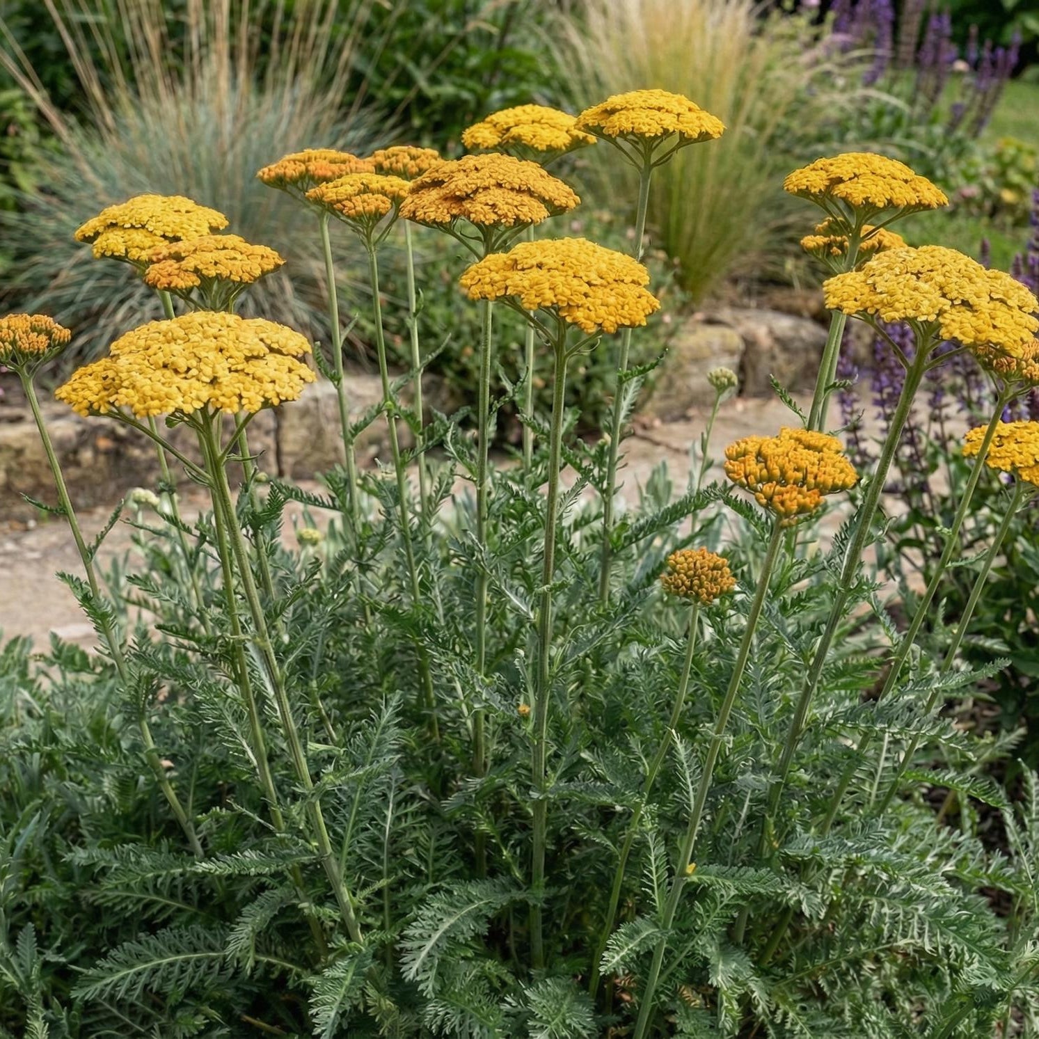 Coronation Gold Fernleaf Yarrow in a 4-inch pot, ferny silver-green leaves that raise flat gold heads