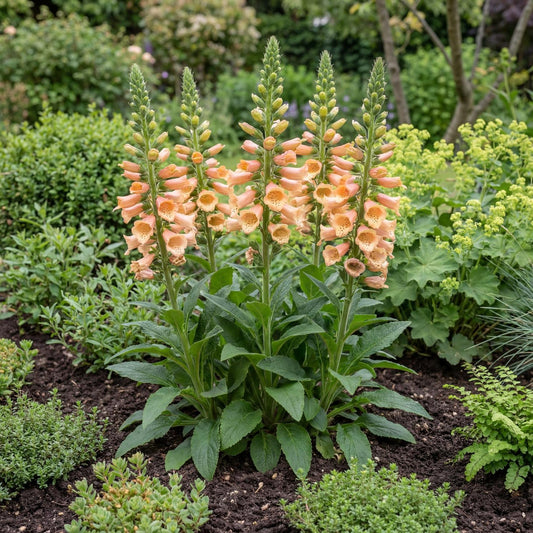 Apricot Digiplexis in a 4-inch pot, upright spikes of peachy orange bells with pale creamy throats