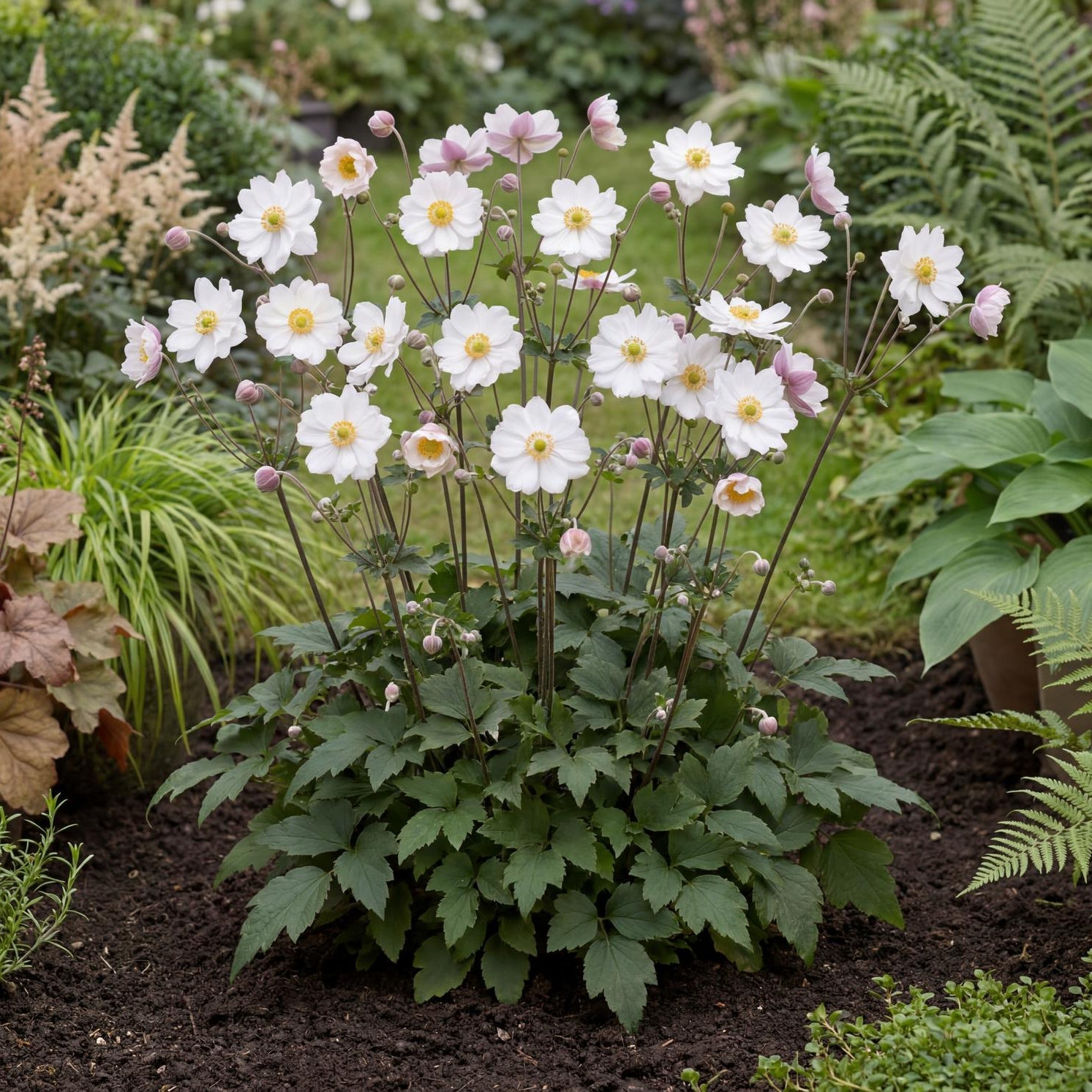 Snow Angel Japanese Anemone in a 4-inch pot, large white semi-double flowers with yellow centers above a green clump