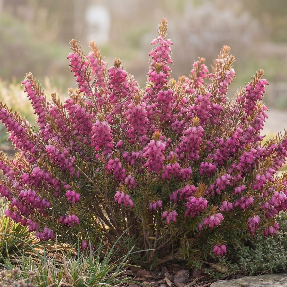 Kramer's Red Darley Heath carries dark purple-toned stems beneath its bronze-tinted evergreen growth