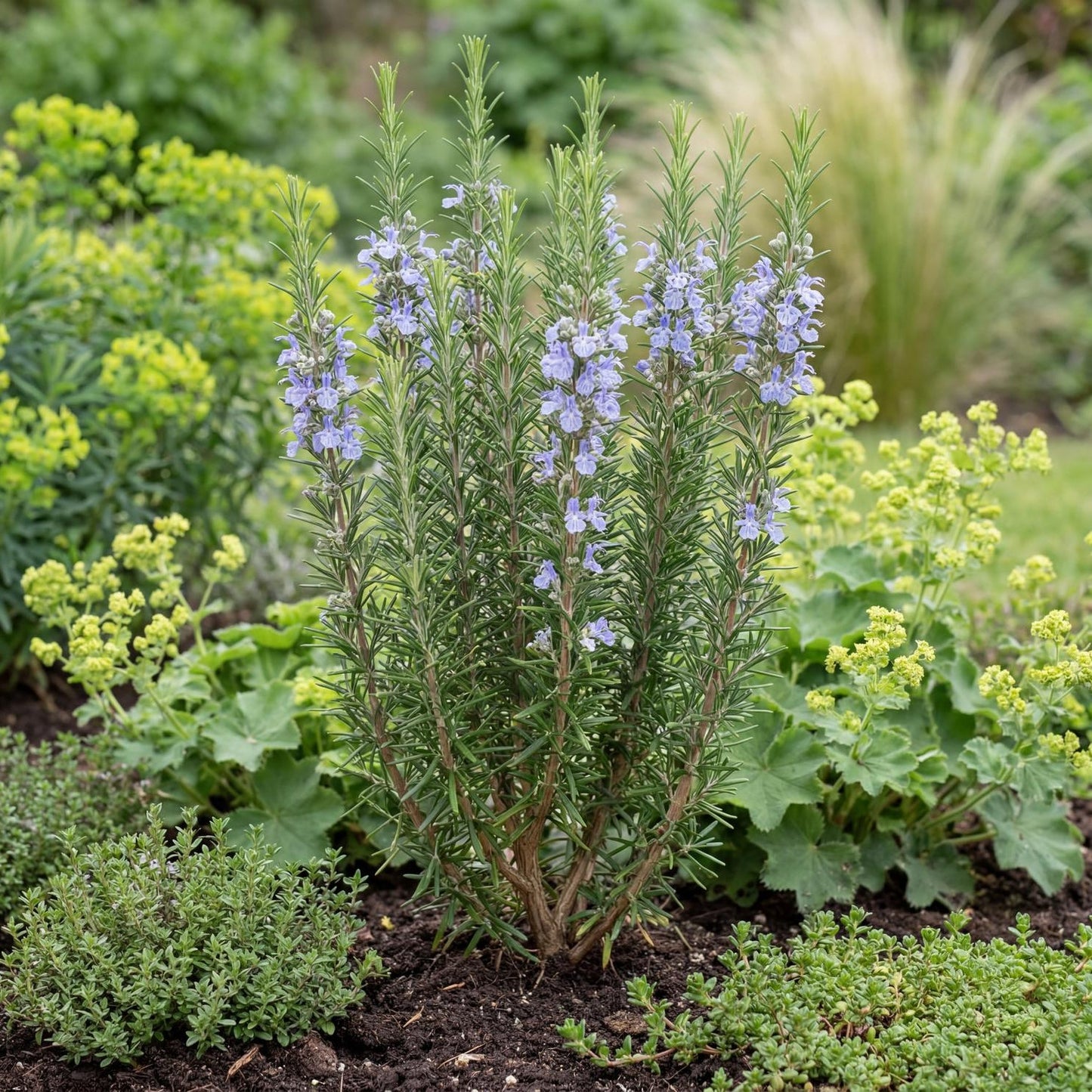 Barbecue Rosemary in a 4-inch pot, an organic herb with dark needlelike leaves on straight upright stems.