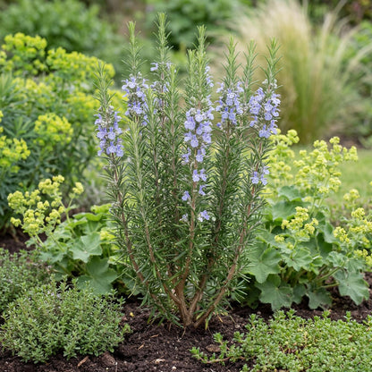 Barbecue Rosemary in a 4-inch pot, an organic herb with dark needlelike leaves on straight upright stems.