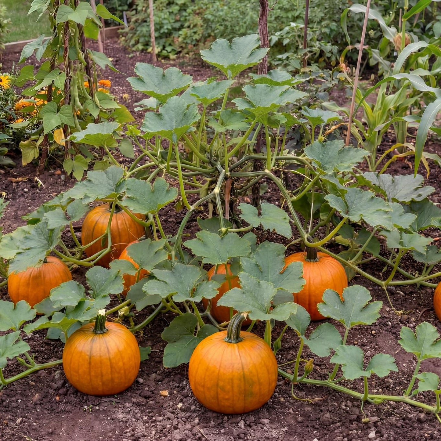 Sugar Pie Pumpkin in a 4-inch pot, an organic vining plant that ripens small round bright orange pumpkins