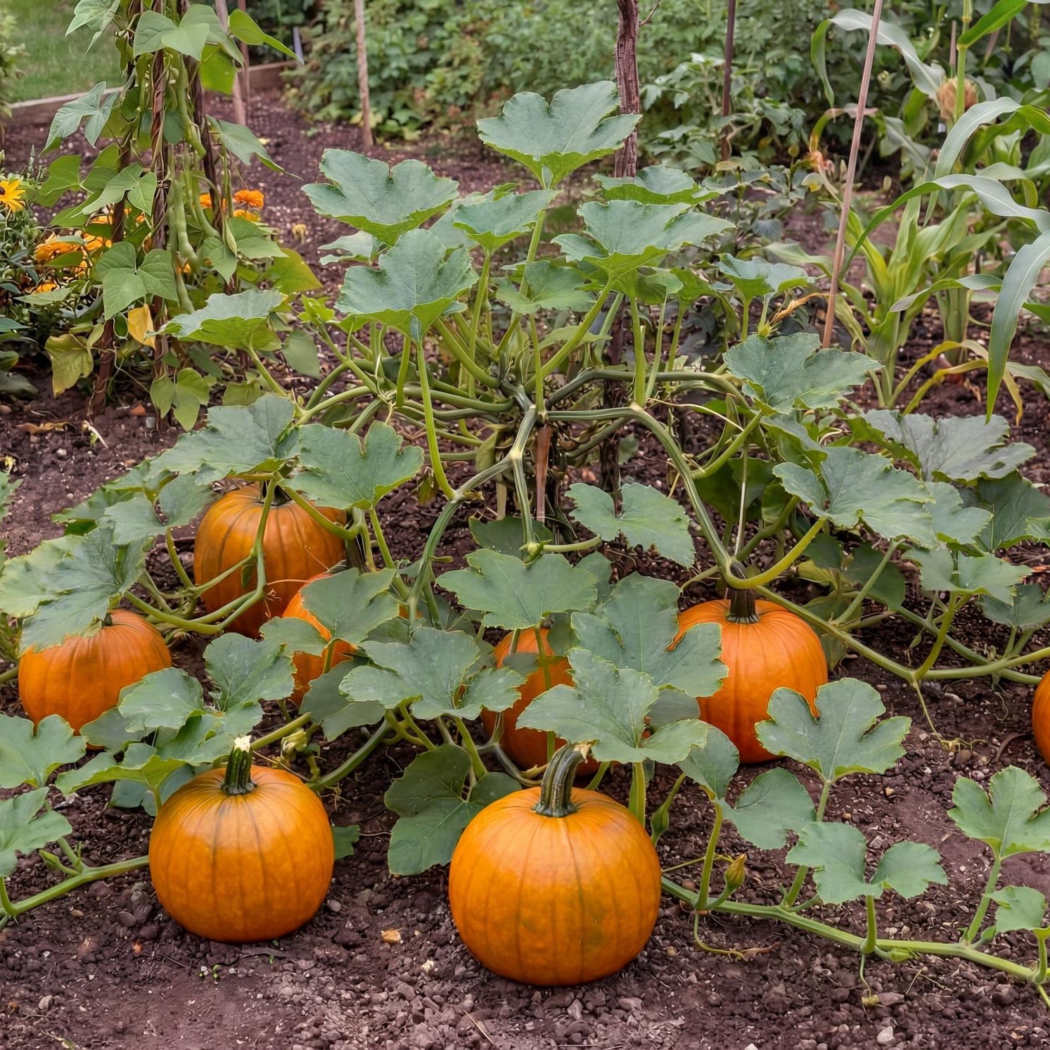 Sugar Pie Pumpkin in a 4-inch pot, an organic vining plant that ripens small round bright orange pumpkins