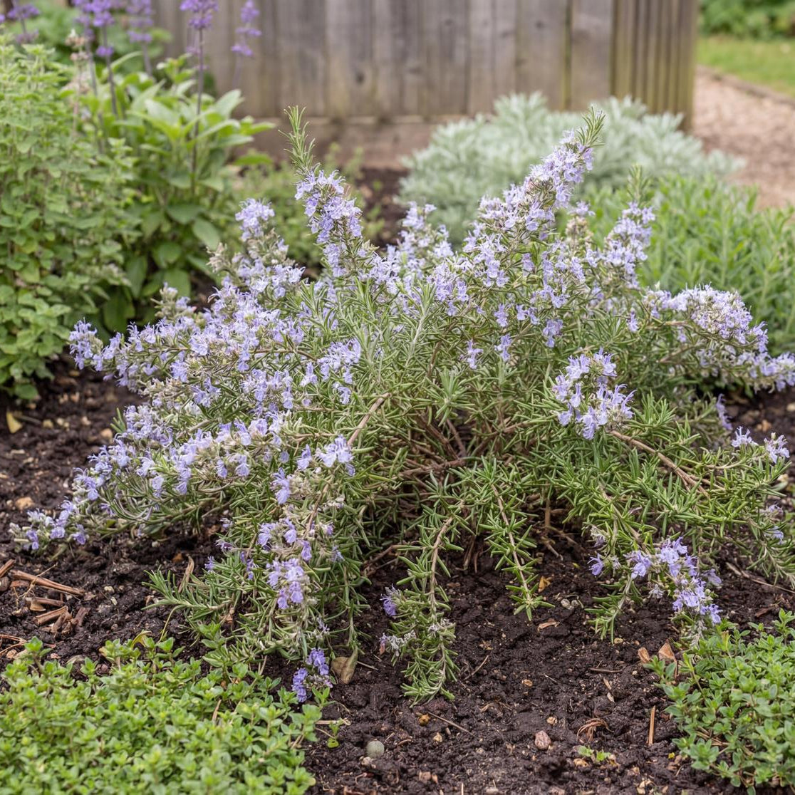 Haifa Trailing Rosemary stays under 6 inches tall and spreads 18 to 24 inches wide as an evergreen mat