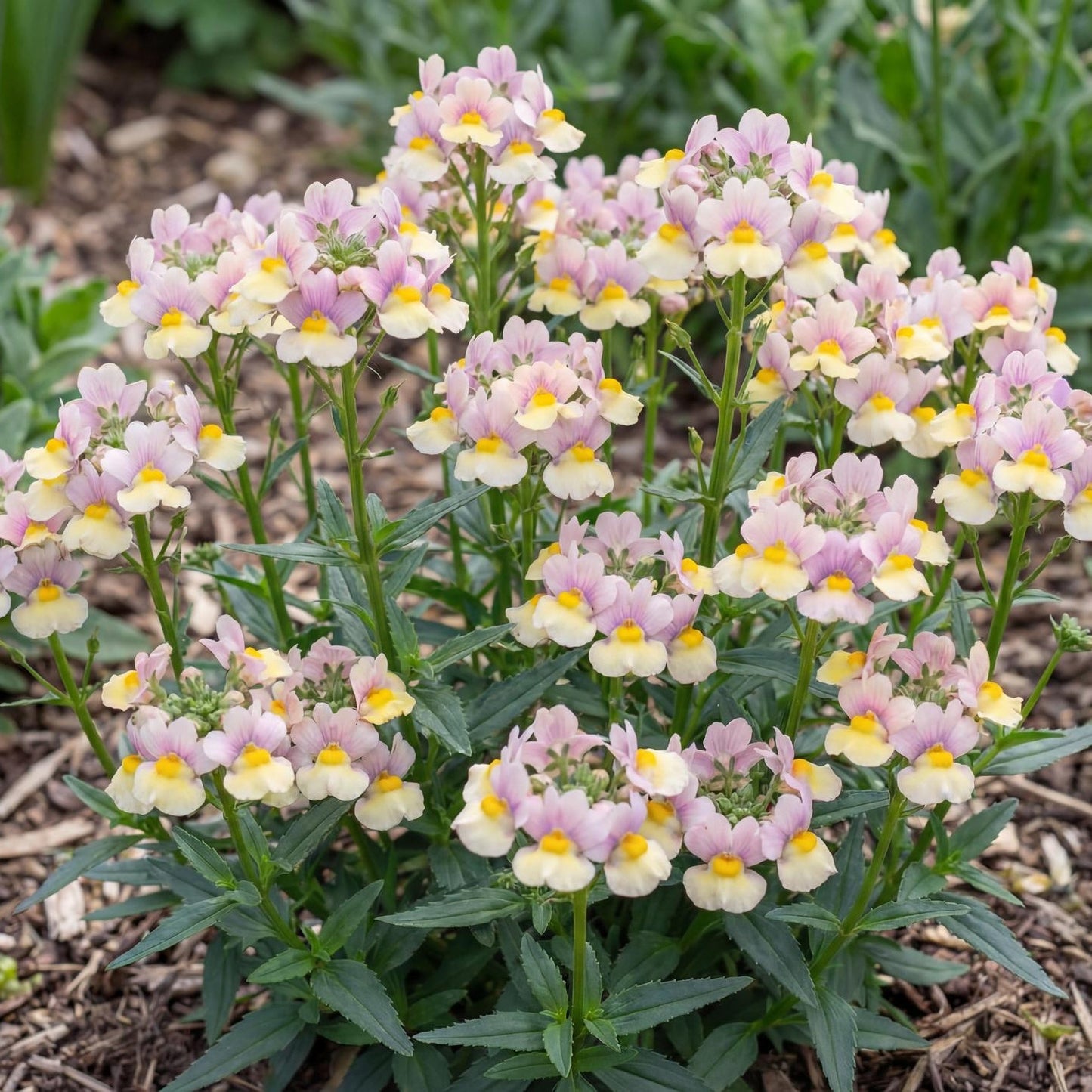 Easter Bonnet Nemesia in a 4-inch pot, fragrant pastel pink, purple and white flowers with soft yellow eyes