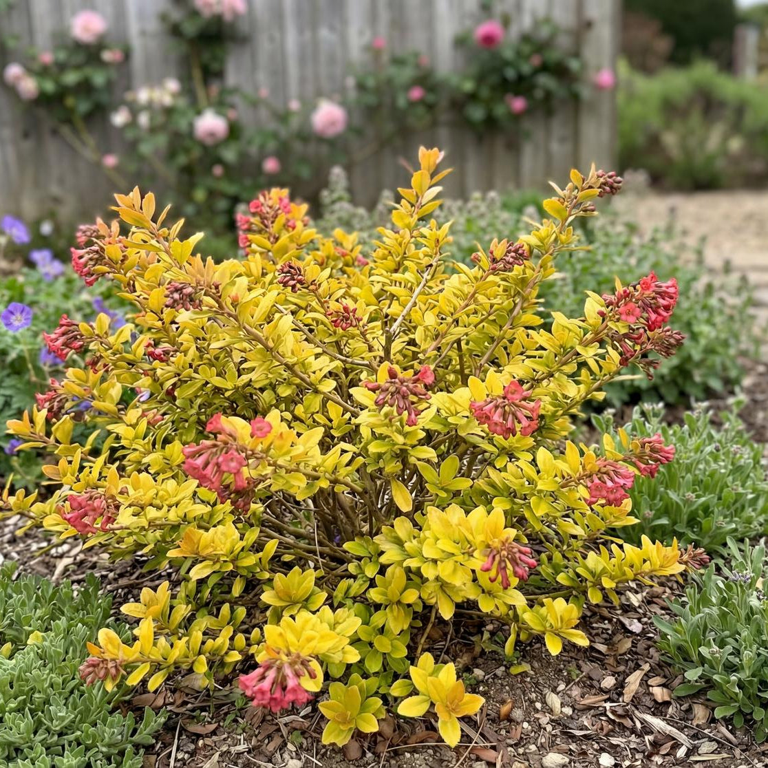 Golden Carpet Escallonia carries reddish young stems beneath dense, finely textured leafy growth