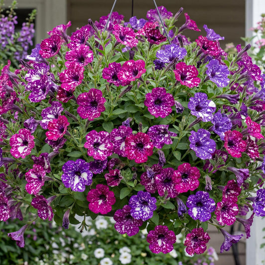 Purple Polka Splash Dance Petunia in a 4-inch pot, deep purple flowers speckled white on a mounding plant