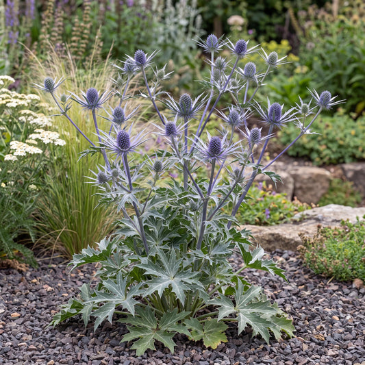 Big Blue Sea Holly forms an upright clump of green leaves and reaches 2 to 4 feet tall in bloom.