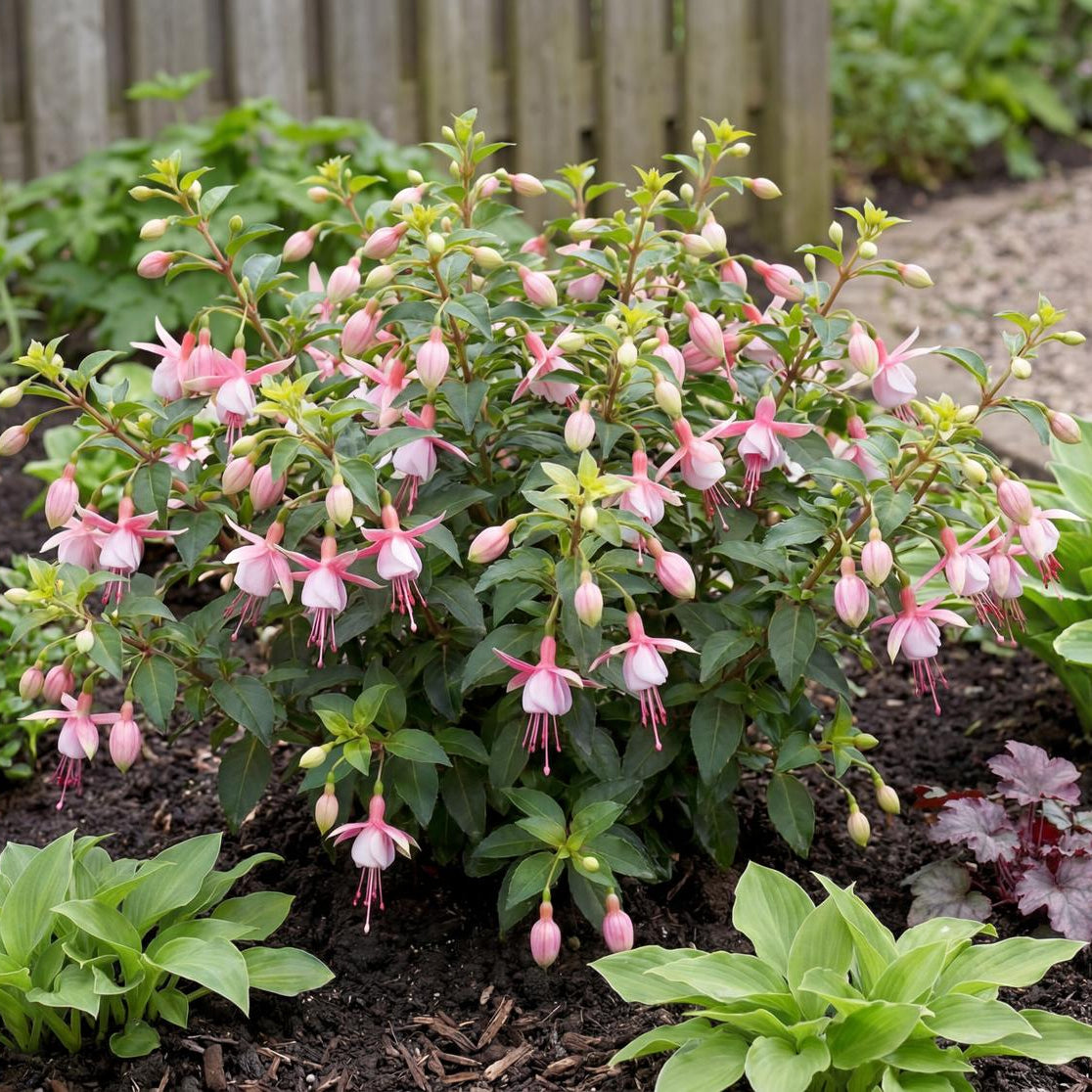 Southgate Fuchsia forms a compact bushy mound 1 to 2 feet tall and 18 to 24 inches wide, clothed in green leaves