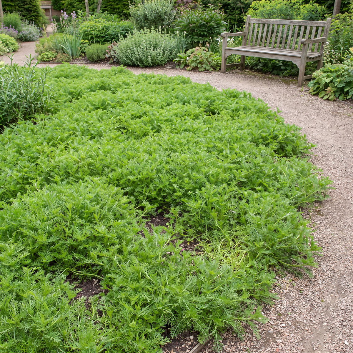 Treneague Chamomile in a 4-inch pot, bright feathery foliage forming a low non-flowering green carpet