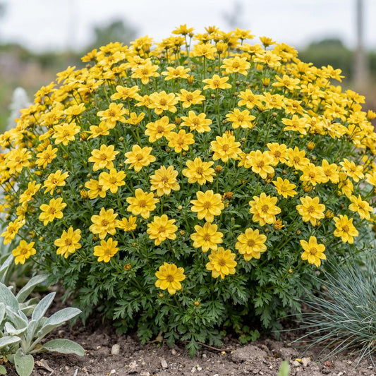 Smile Yellow Bidens, a compact mounding plant with green stems, spreading 18 to 24 inches for baskets and pots