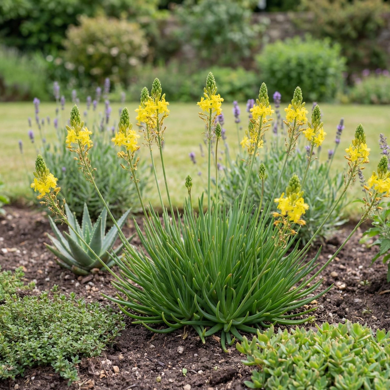 Yellow Stalked Bulbine in a 4-inch pot, sending bright yellow flower stalks above fresh green clumps.