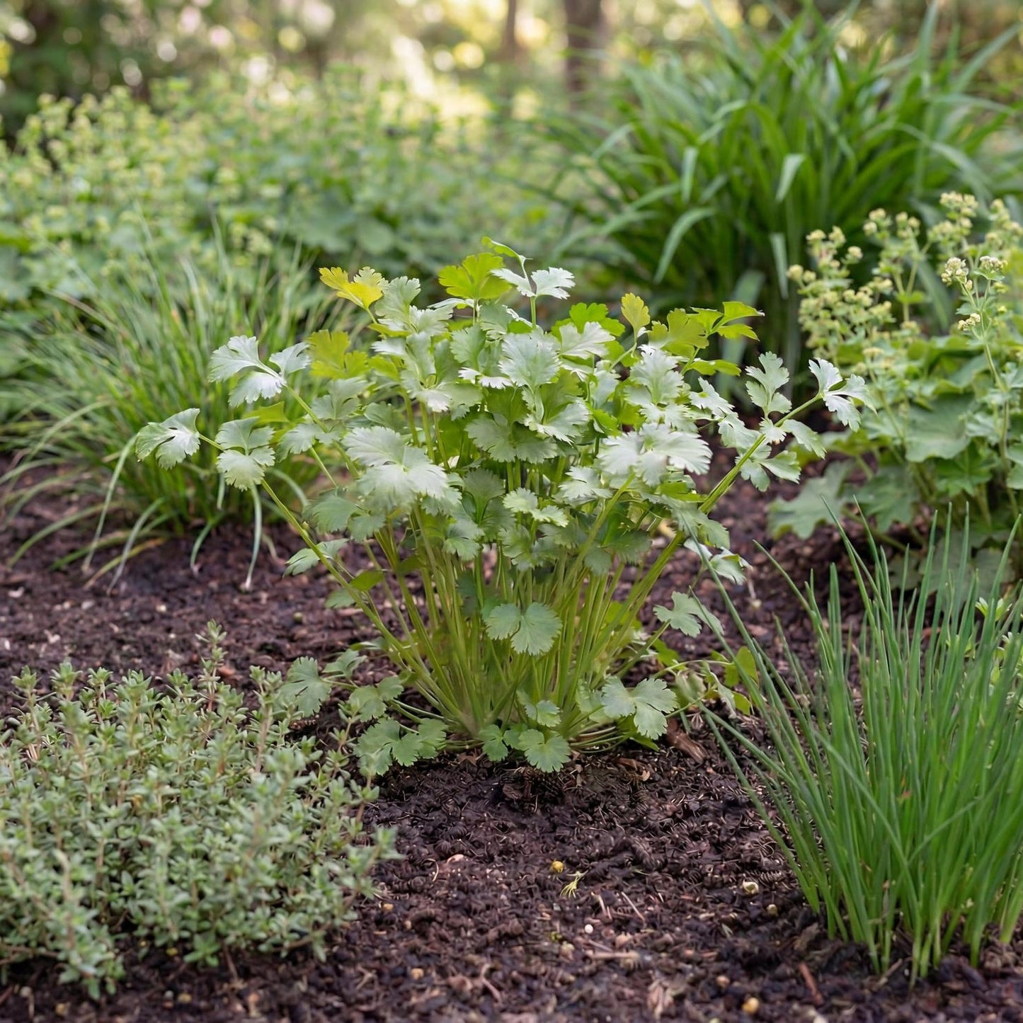 Calypso Cilantro in a 4-inch pot, an organic slow-bolting herb with full, dark green aromatic leaves