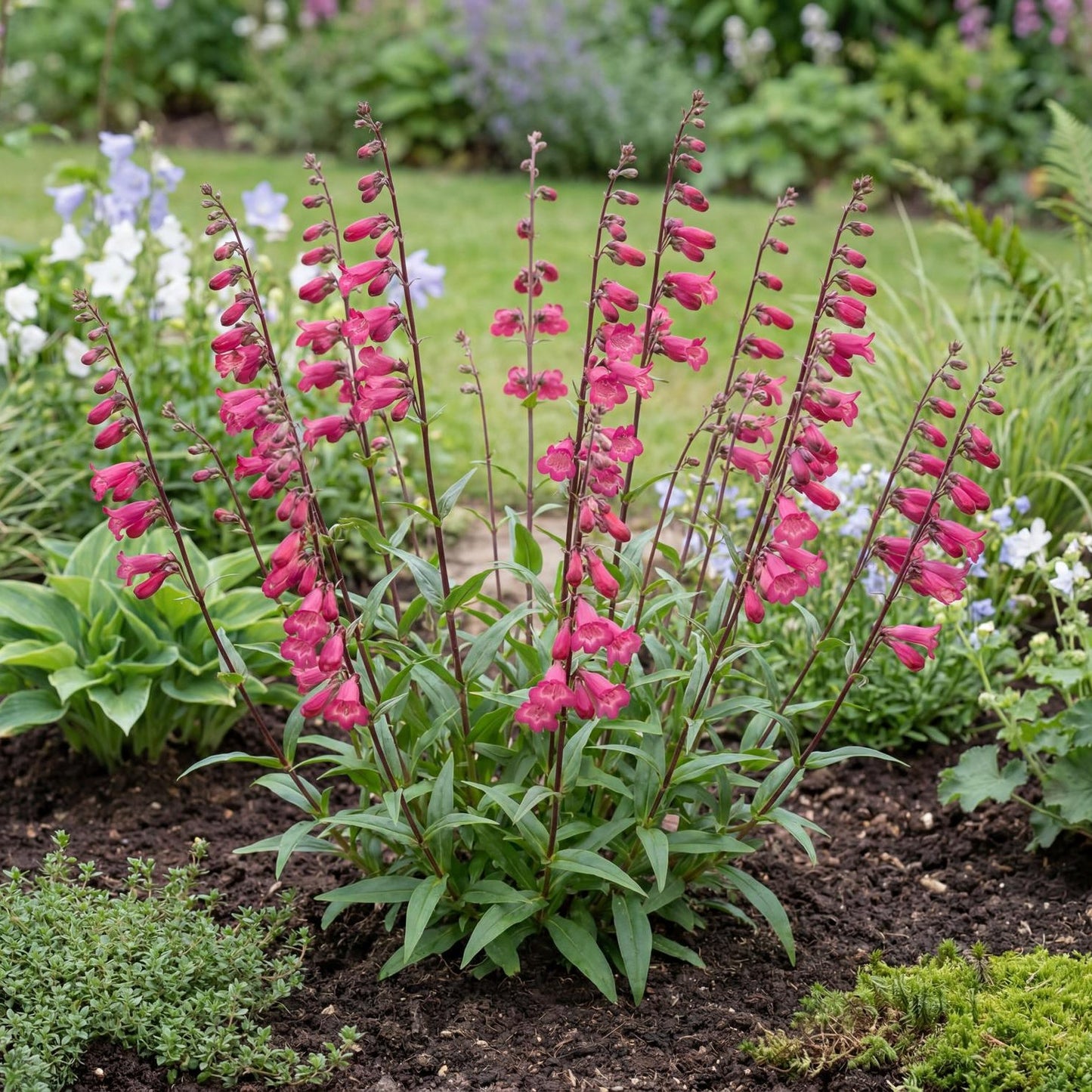 Deep Rose Penstemon in a 4-inch pot, with deep rose tubular flowers showing bright white throats.
