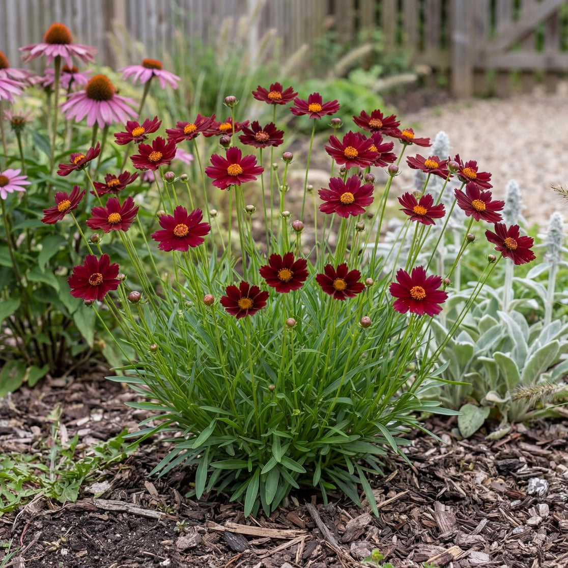 Red Elf Tickseed spreads 12 to 18 inches across, a tidy clump for border fronts and patio containers