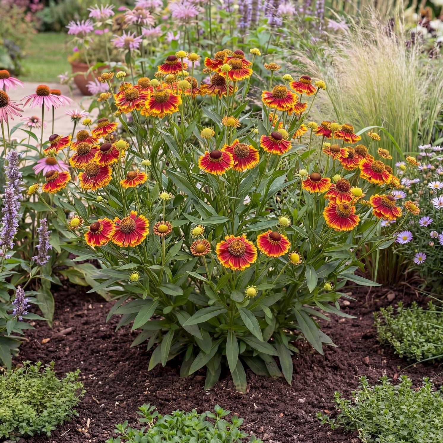 Salud Embers Sneezeweed in a 4-inch pot, a compact green mound that flowers in ember red and gold
