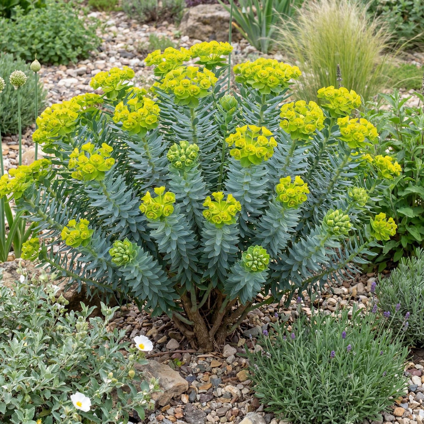 Rigid Spurge in a 4-inch pot, with blue-green spiraled leaves on bushy, drought-tolerant stems.