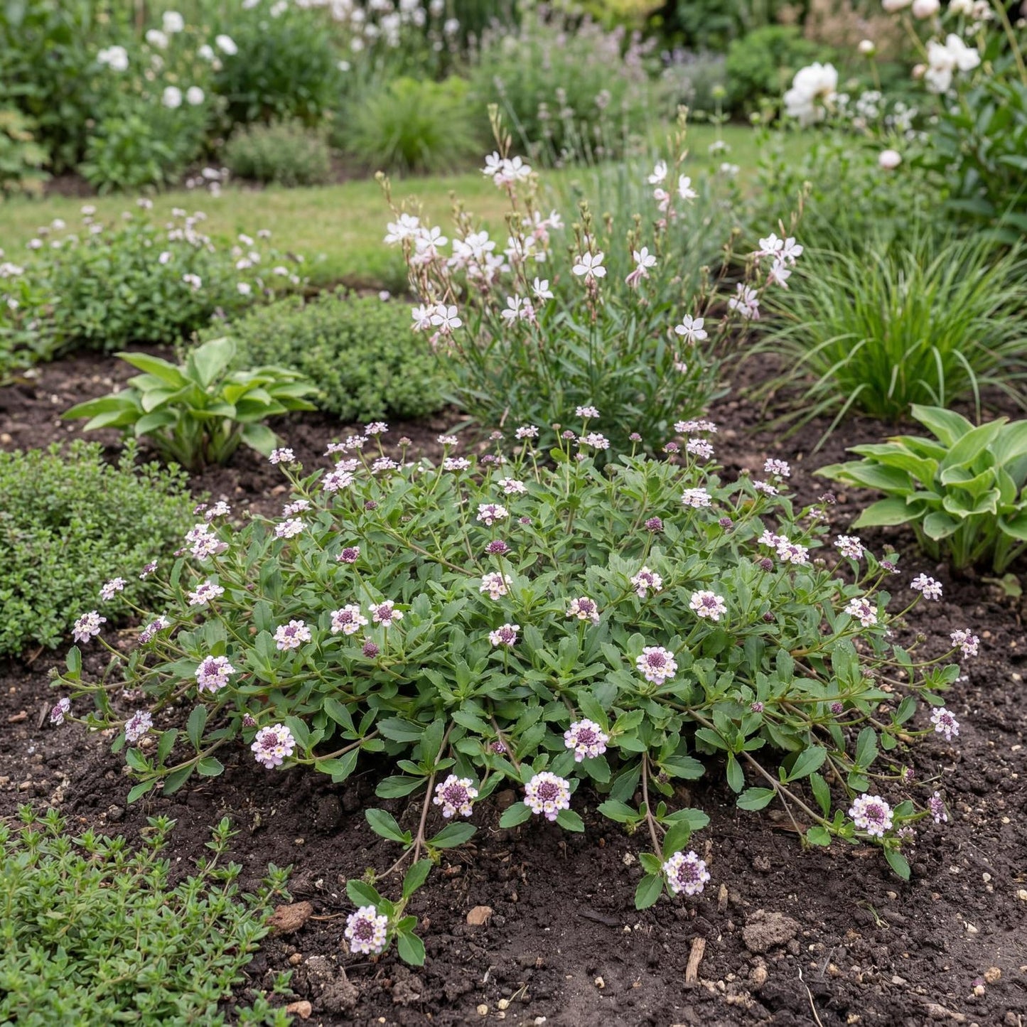 Tesla Lippia foliage is fine and gray-green, forming a tight mat that stays under six inches tall