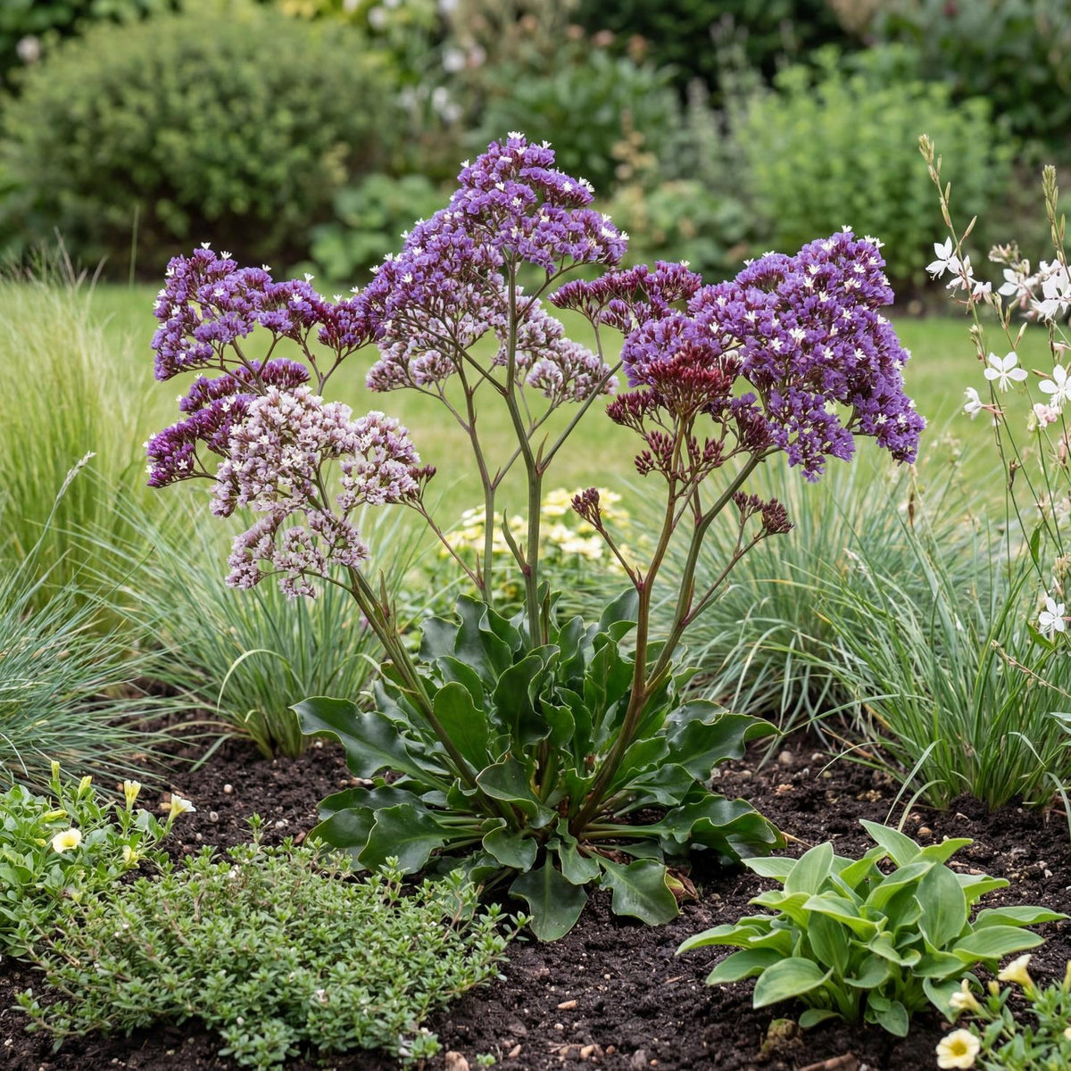 Sea Lavender in a 4-inch pot, with papery purple and white blooms rising over a rounded green clump.