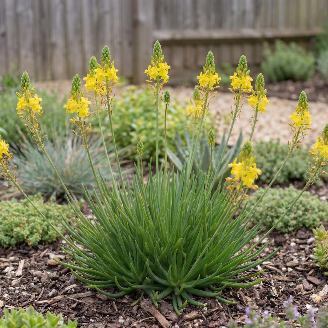 Yellow Stalked Bulbine suits dry, well-drained beds, gravel plantings, and containers in full sun.