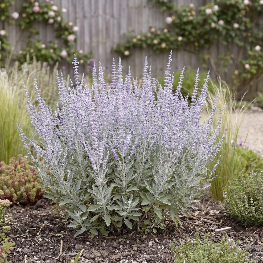 Little Spire Perovskia sends up pale silvery stems that stay stiff and upright all season long