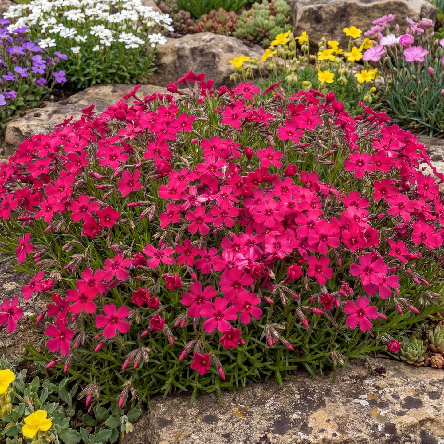 Crimson Beauty Moss Pink in a 4-inch pot, a low evergreen mat of needled green foliage that blooms red