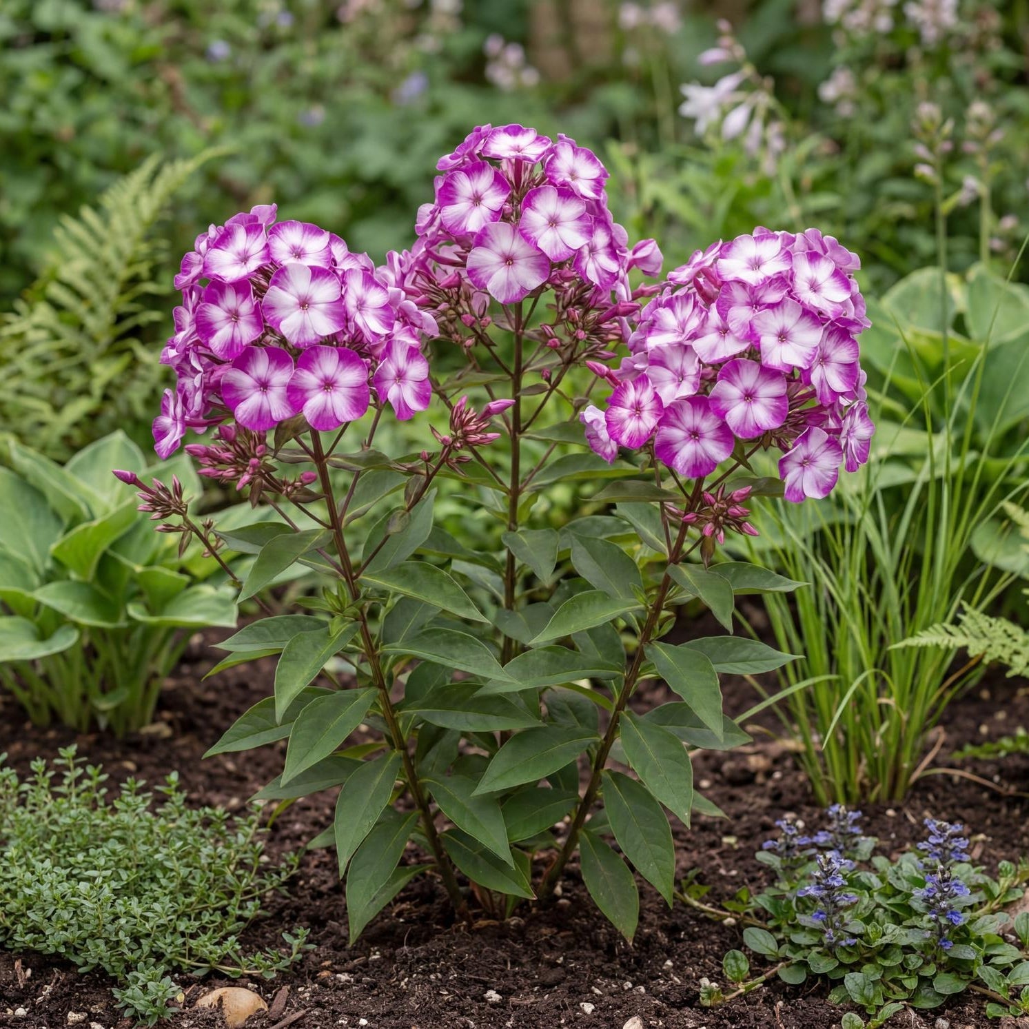 Fantasy Purple Bicolor Summer Phlox in a 4-inch pot, with violet flowers marked by white flares and pink eyes.