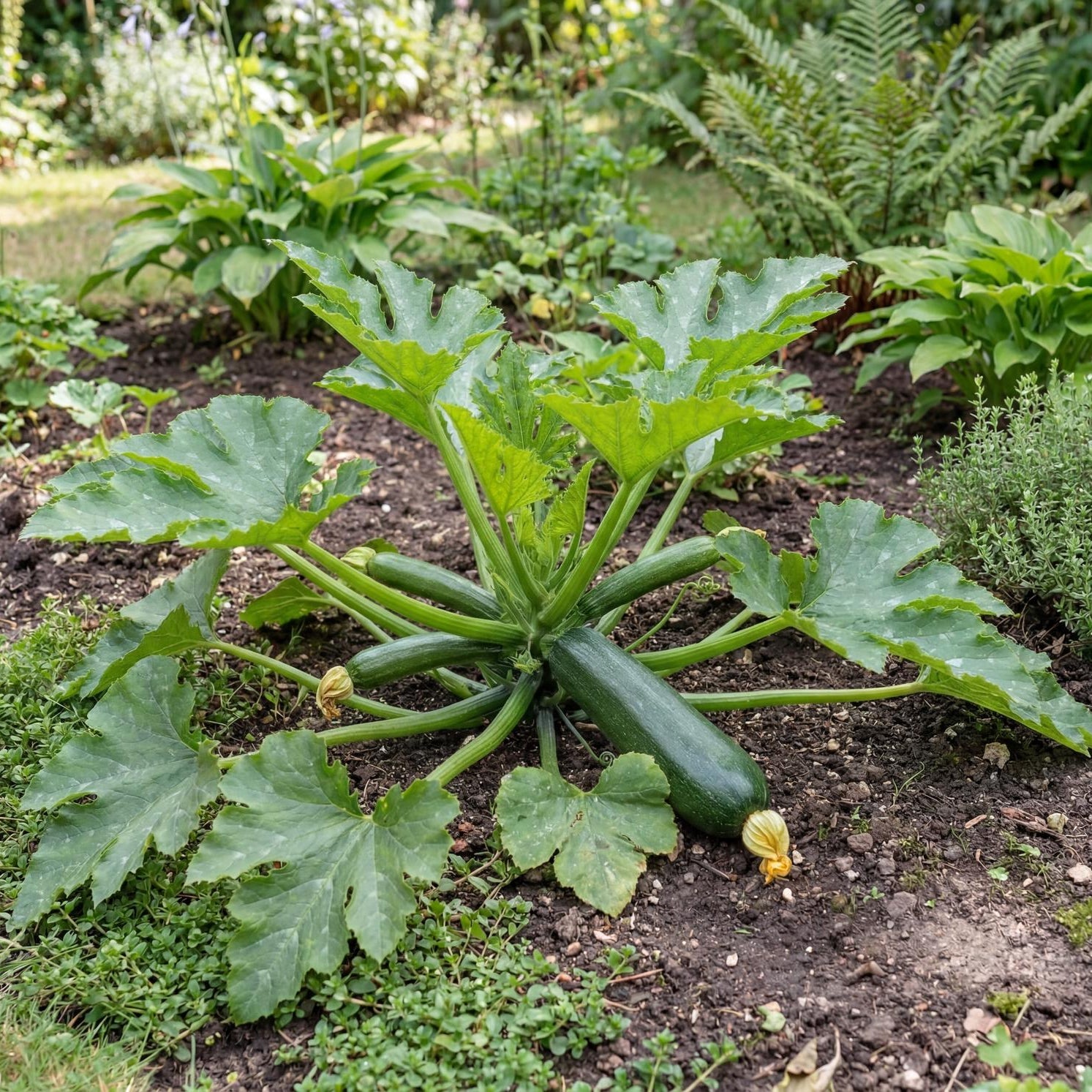 Dark Green Zucchini in a 4-inch pot, an organic starter that bears smooth cylindrical dark green fruit.