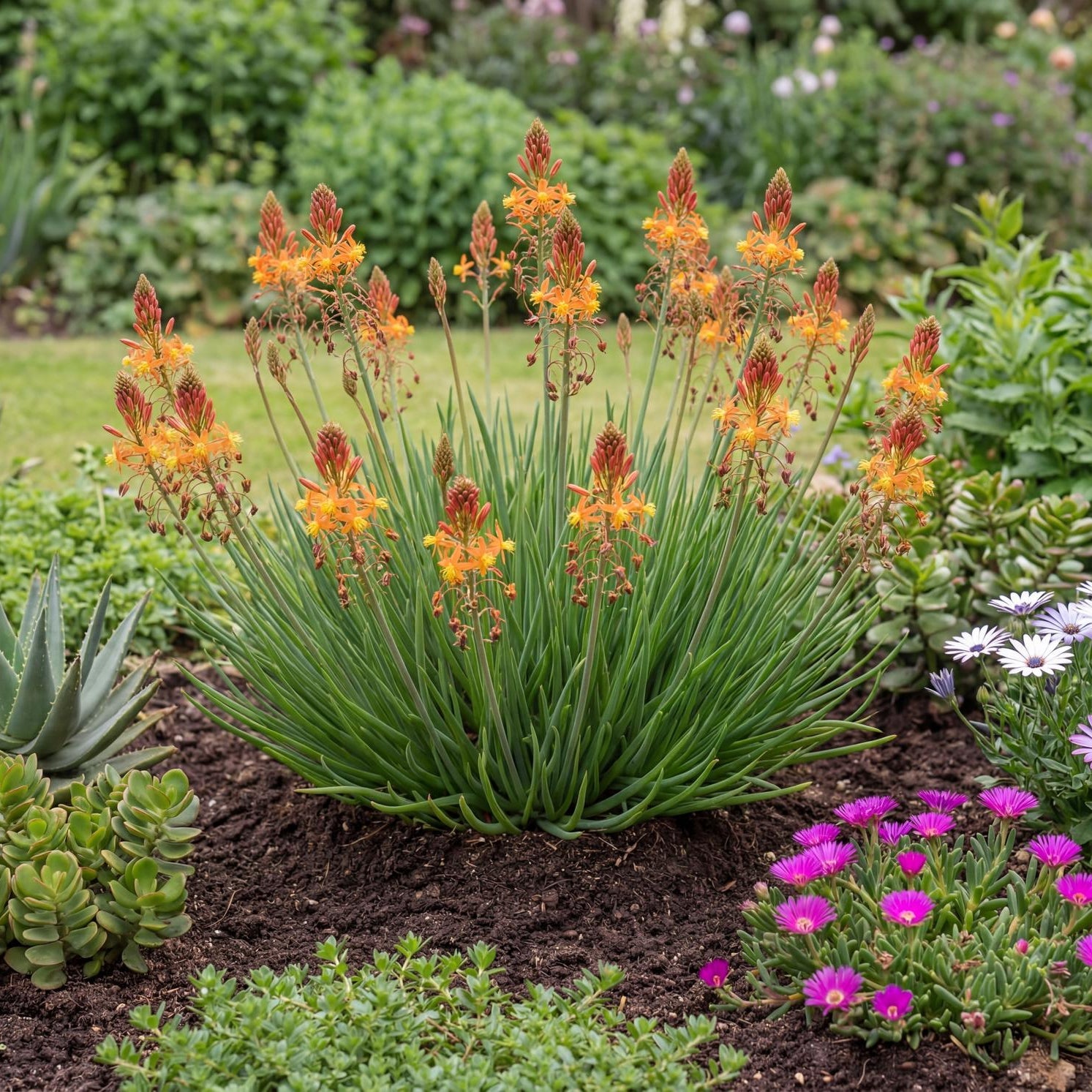 Orange Stalked Bulbine in a 4-inch pot, bright orange flower spikes above a clump of fleshy green leaves