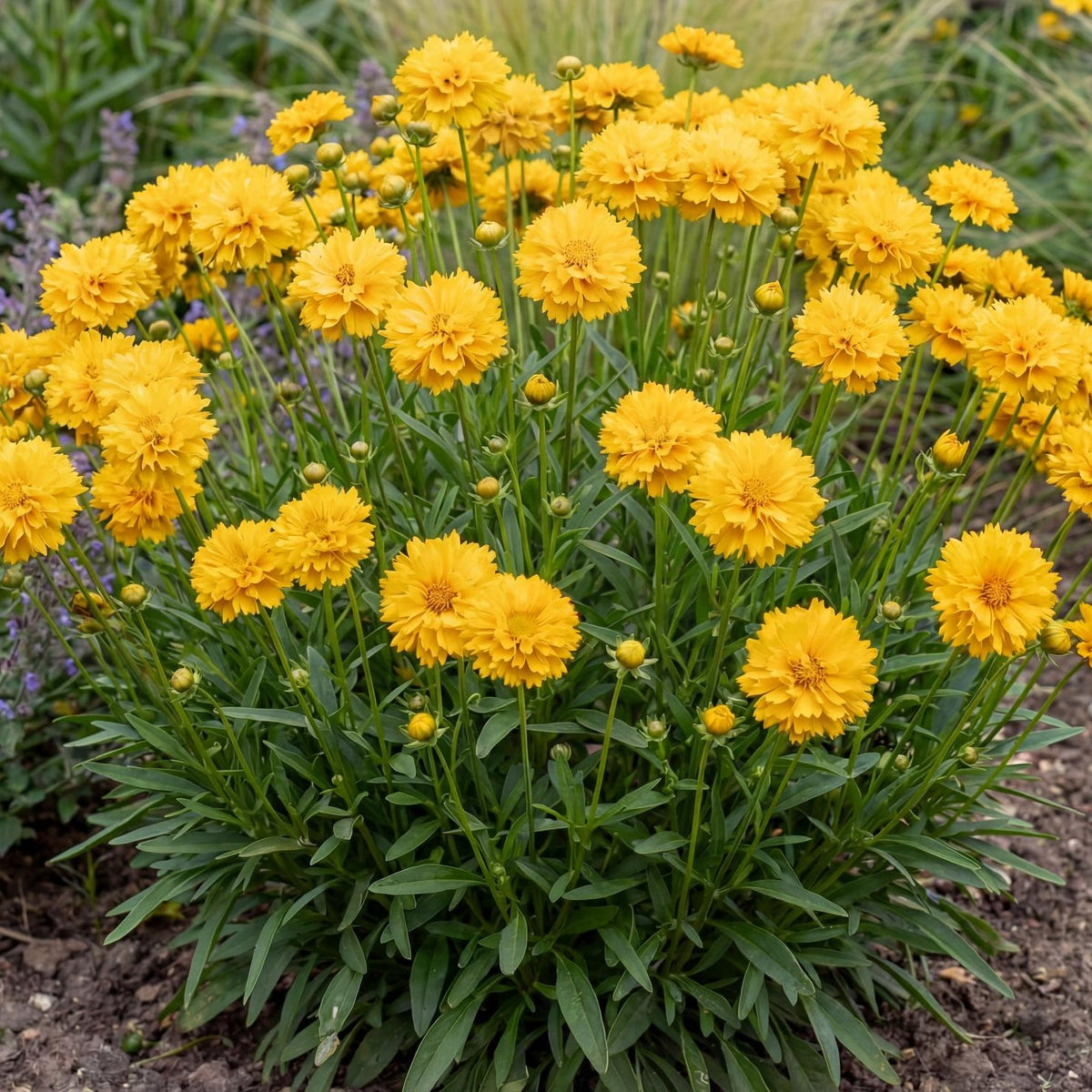 Golden Sphere Coreopsis in a 4-inch pot, double golden button flowers over a compact green mound