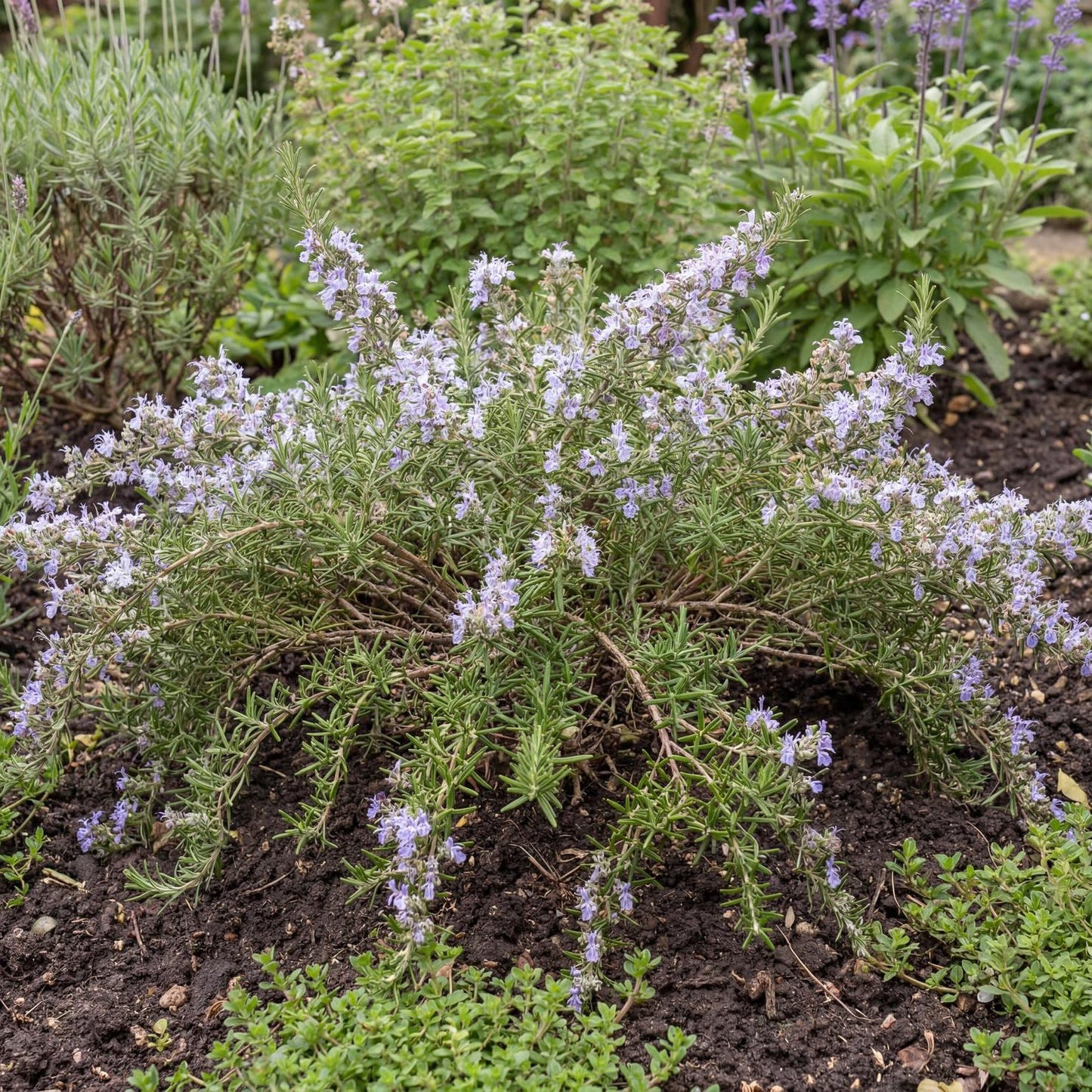 Haifa Trailing Rosemary in a 4-inch pot, a low creeping variety that opens soft blue flowers along its stems