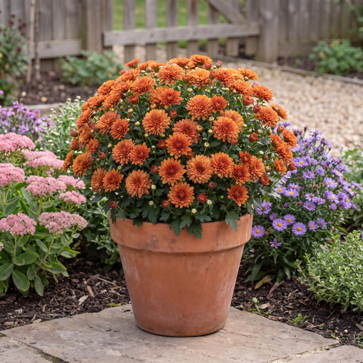 Jolt Bronze Chrysanthemum in a 4-inch pot, a rounded bushy mound of green foliage with bronze-orange blooms
